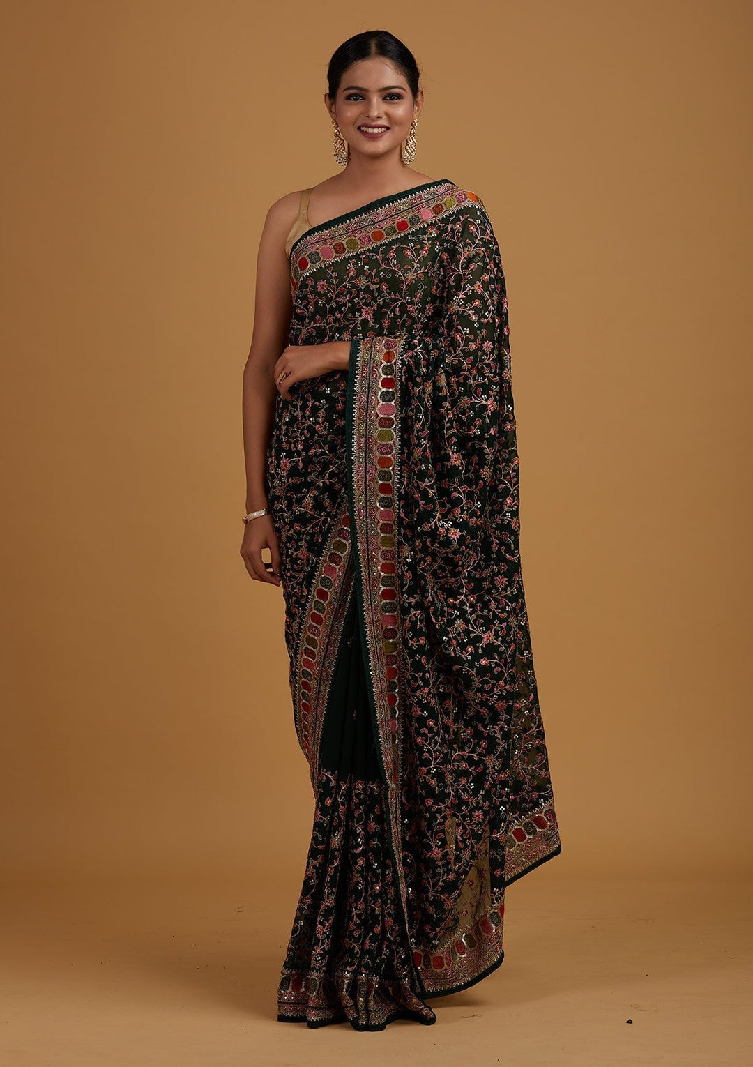 Bottle Green Sequins Georgette Designer Saree - Koskii