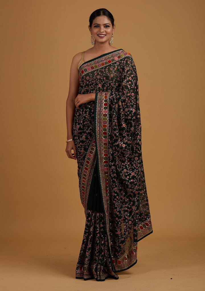 Bottle Green Sequins Georgette Designer Saree - Koskii