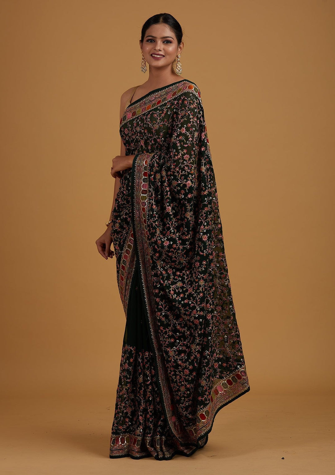Bottle Green Sequins Georgette Designer Saree - Koskii