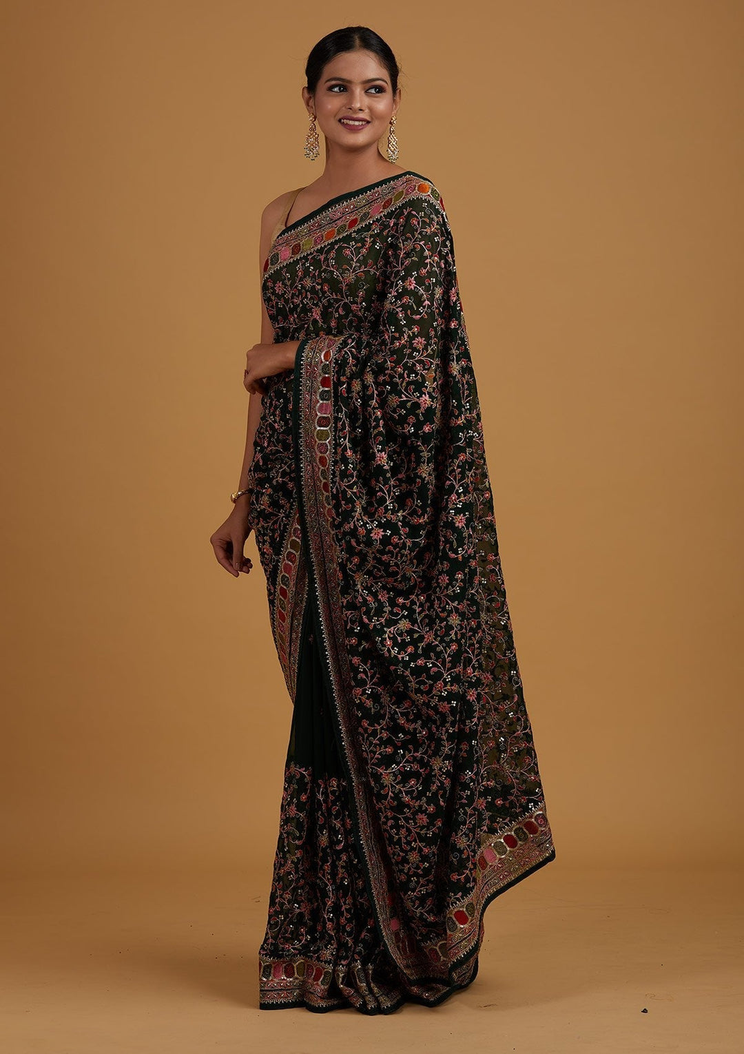 Bottle Green Sequins Georgette Designer Saree - Koskii