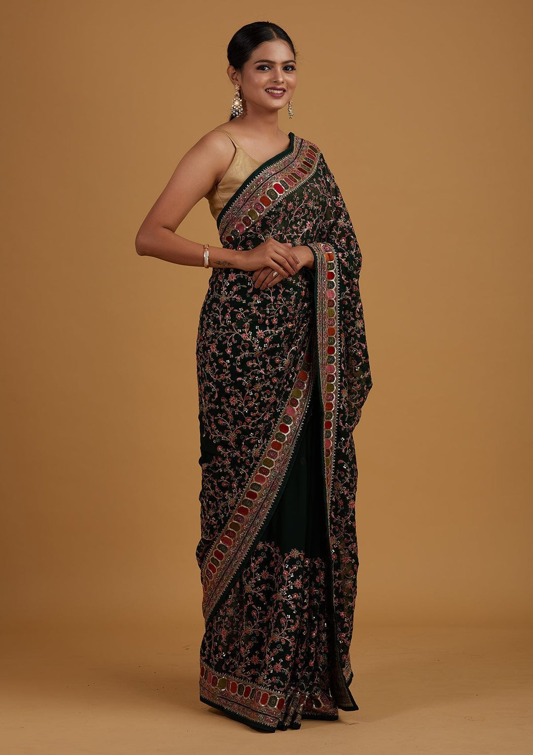 Bottle Green Sequins Georgette Designer Saree - Koskii