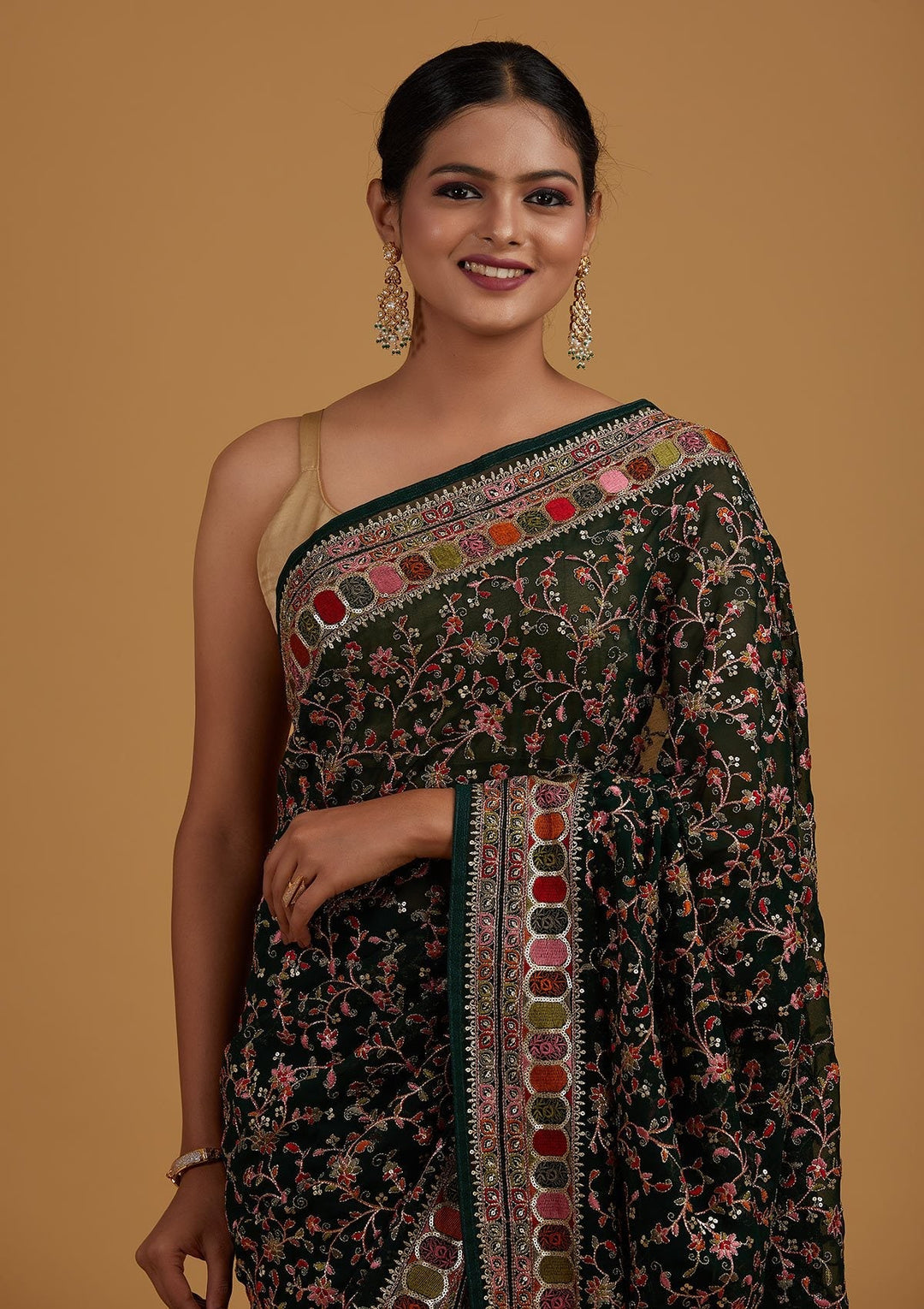 Bottle Green Sequins Georgette Designer Saree - Koskii