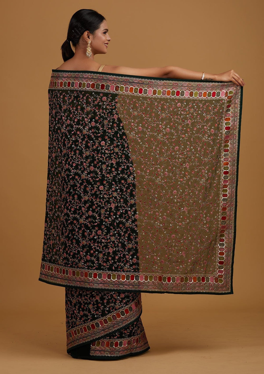 Bottle Green Sequins Georgette Designer Saree - Koskii