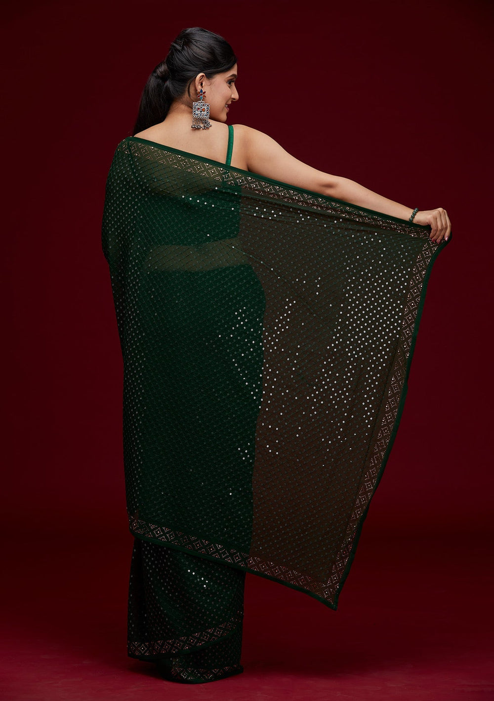 Bottle Green Sequins Georgette Saree - Koskii