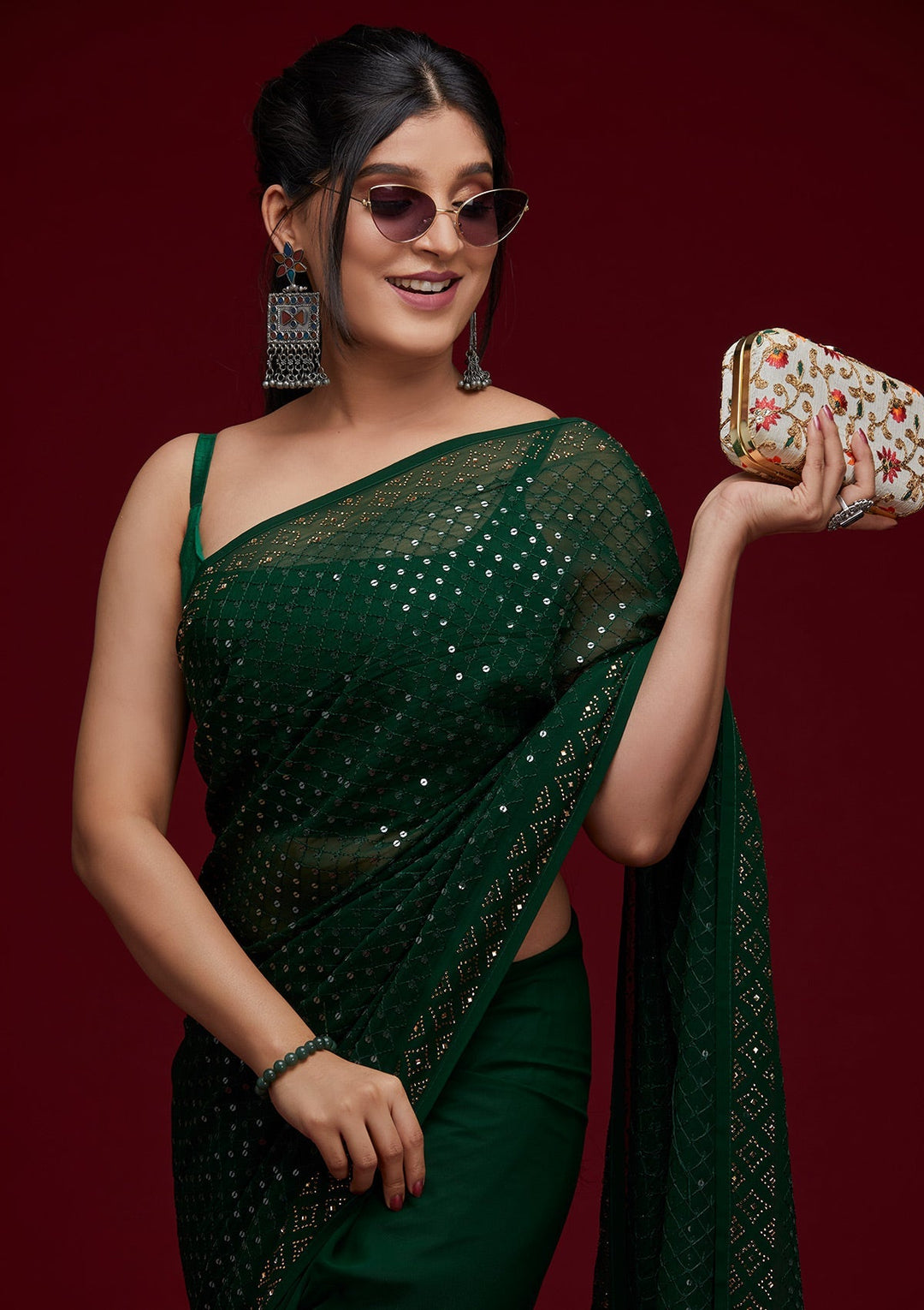 Bottle Green Sequins Georgette Saree - Koskii