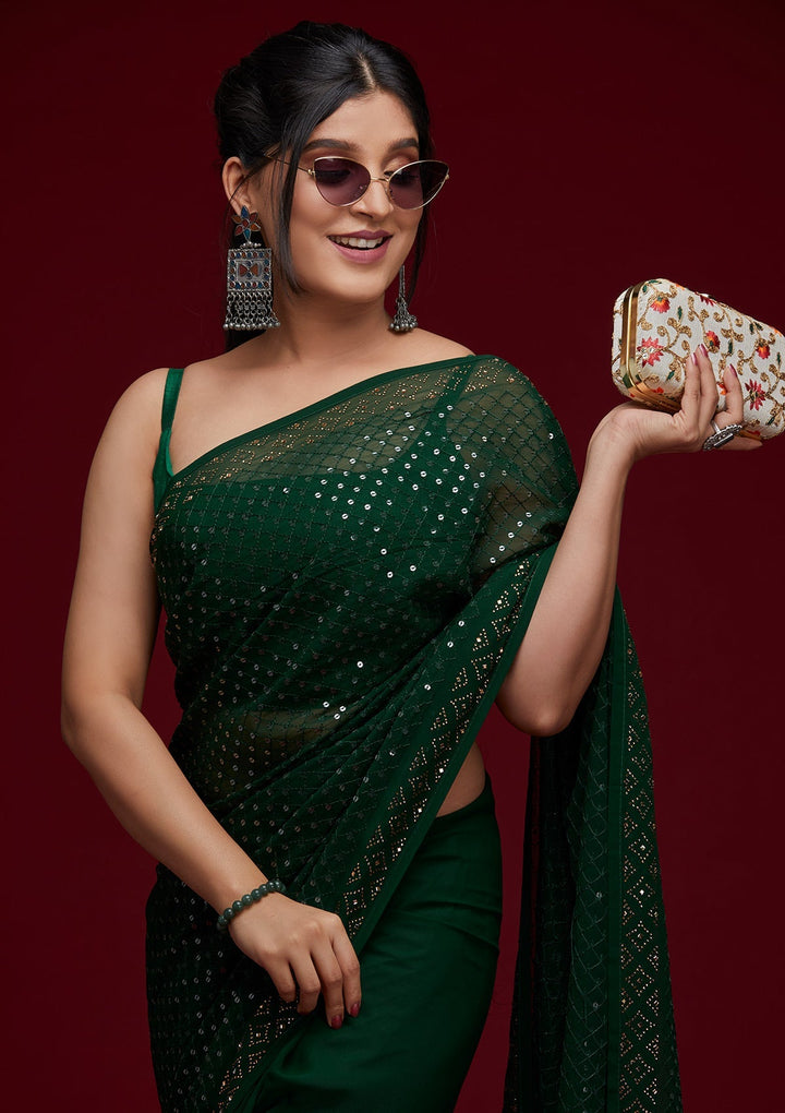Bottle Green Sequins Georgette Saree - Koskii