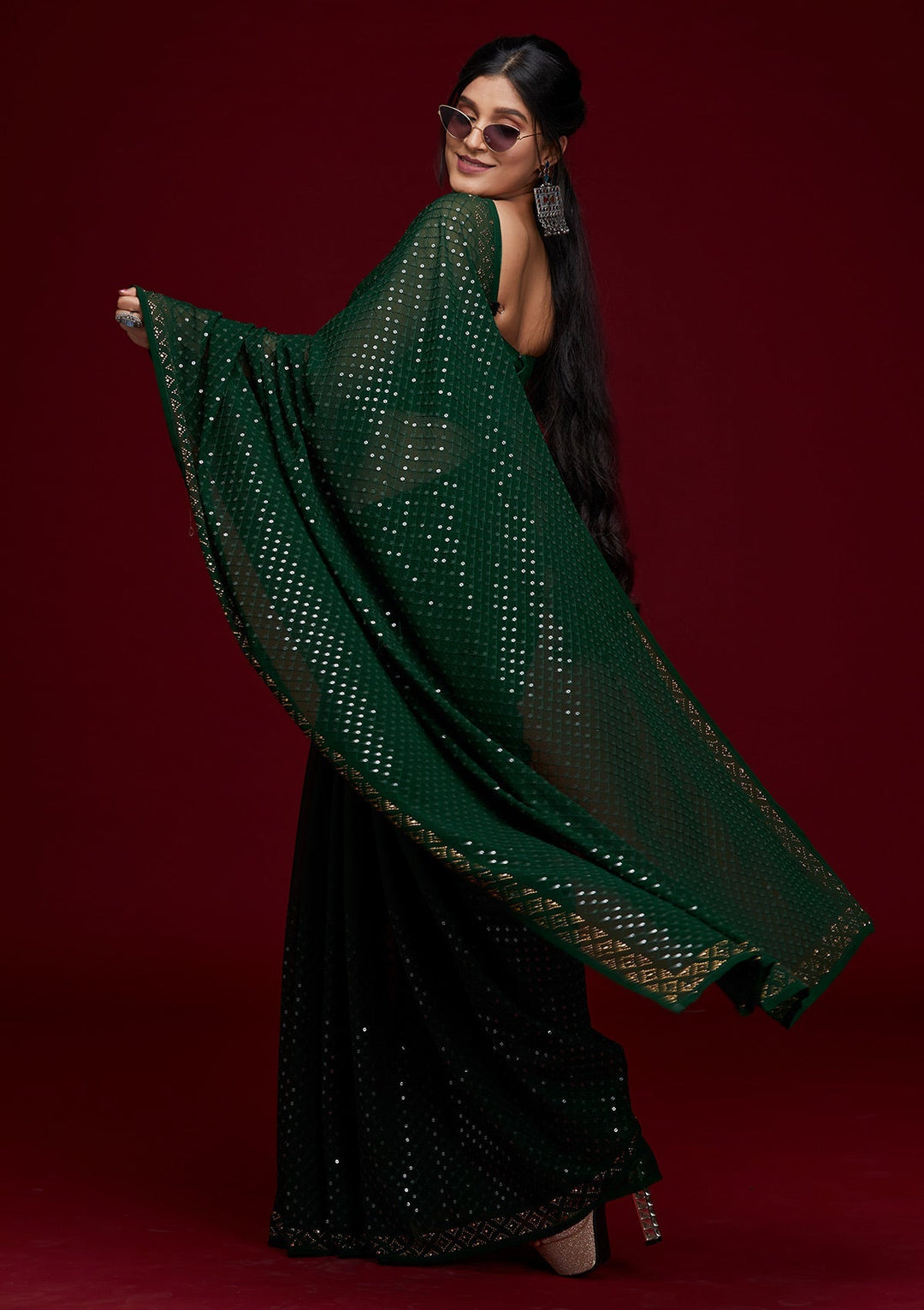 Bottle Green Sequins Georgette Saree - Koskii