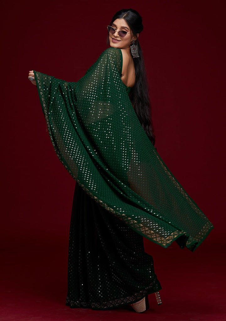 Bottle Green Sequins Georgette Saree - Koskii