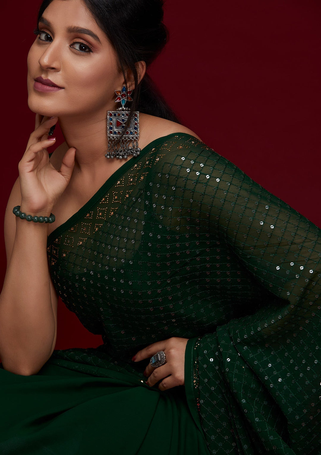Bottle Green Sequins Georgette Saree - Koskii