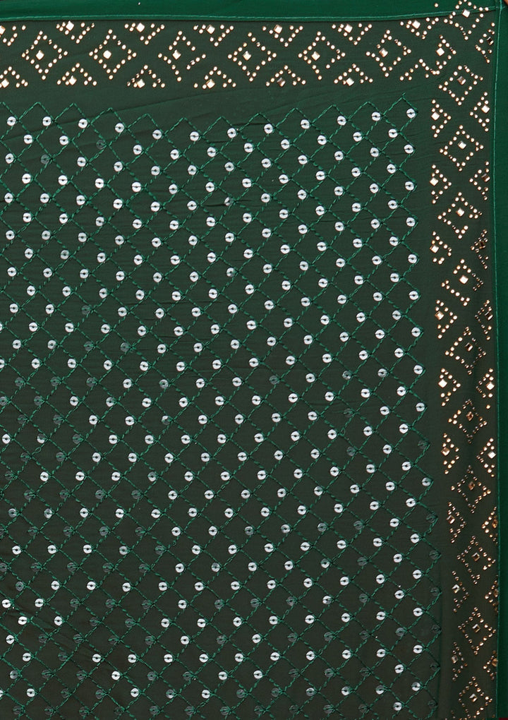 Bottle Green Sequins Georgette Saree - Koskii