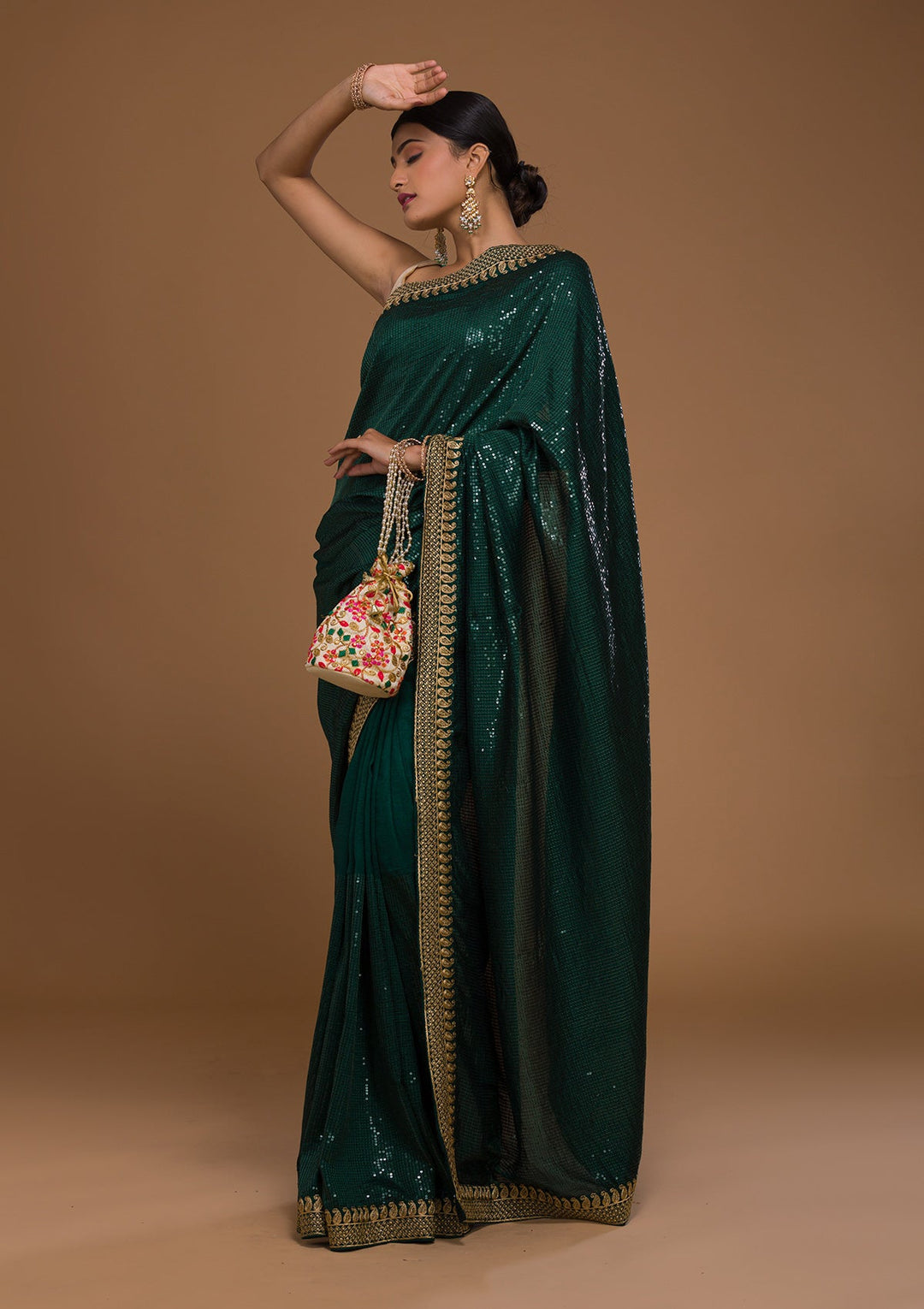 Bottle Green Sequins Georgette Saree-Koskii