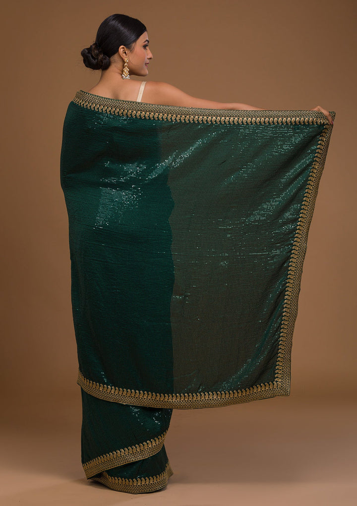Bottle Green Sequins Georgette Saree-Koskii
