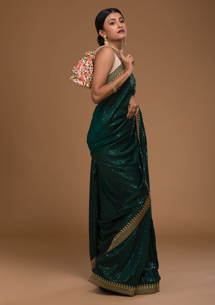 Bottle Green Sequins Georgette Saree-Koskii