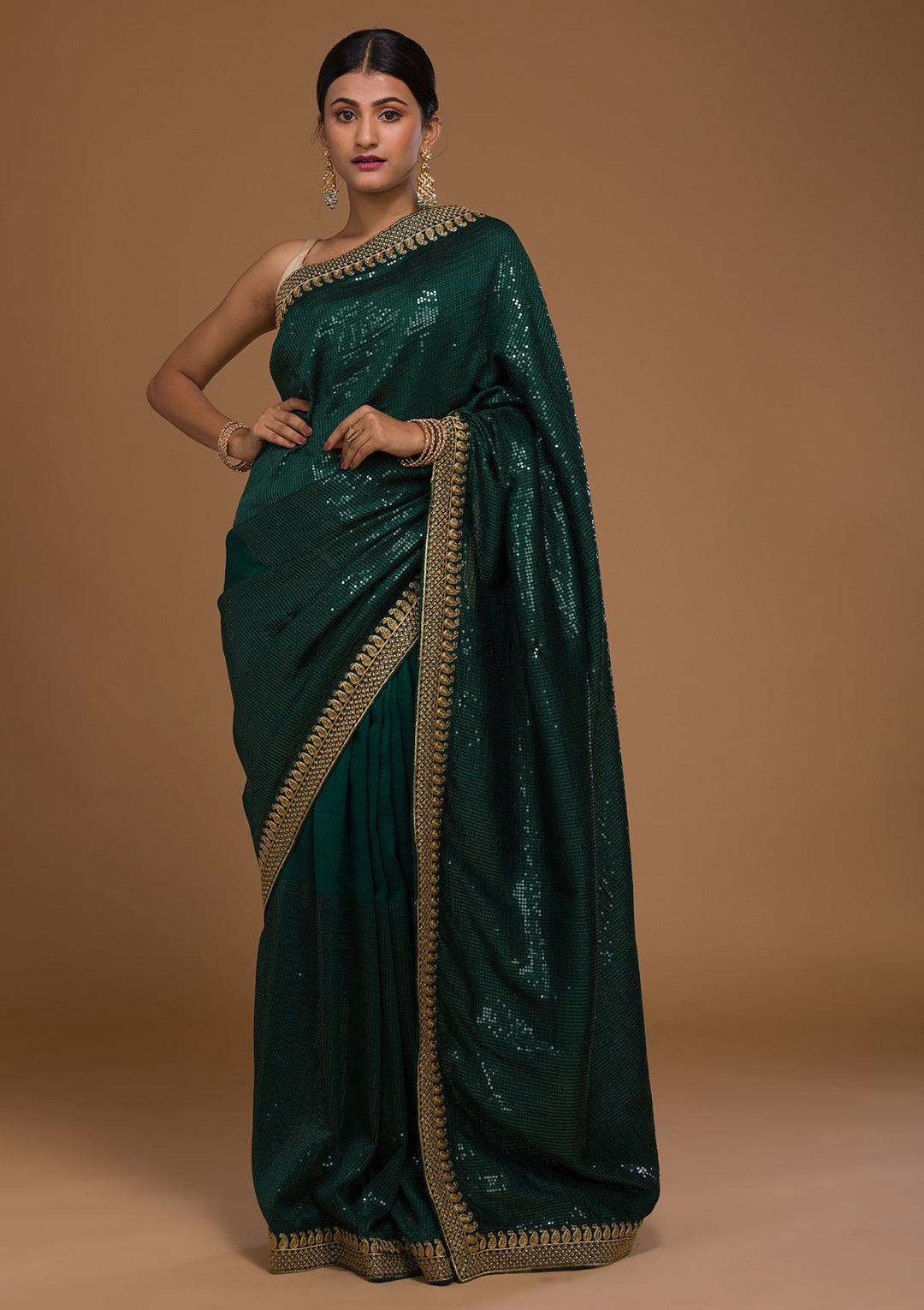 Bottle Green Sequins Georgette Saree-Koskii