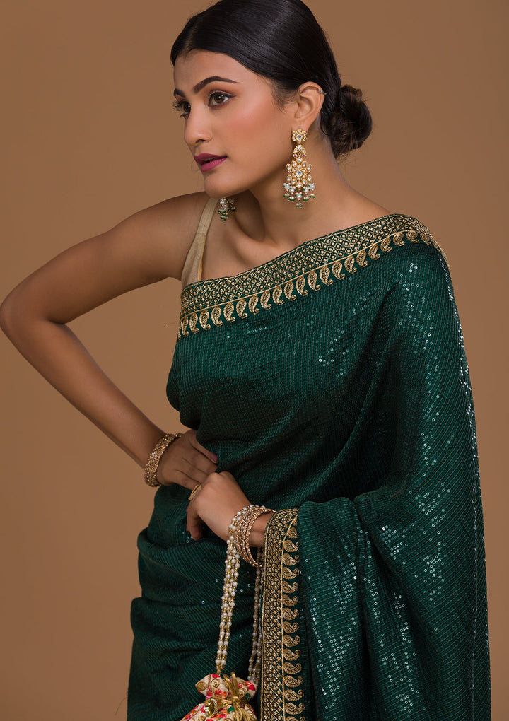 Bottle Green Sequins Georgette Saree-Koskii