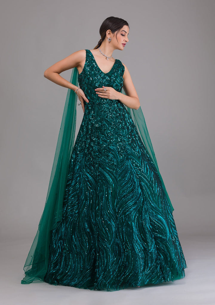 Bottle Green Sequins Net Designer Gown-Koskii