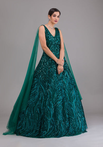 Bottle Green Sequins Net Designer Gown-Koskii