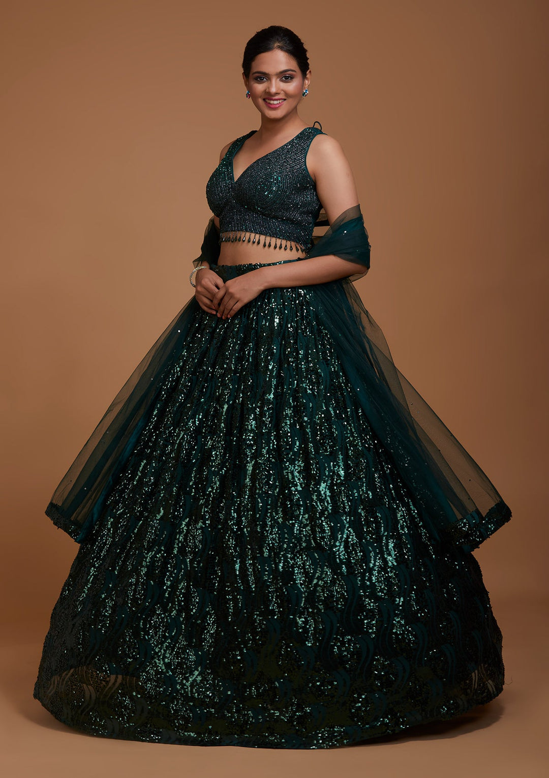 Bottle Green Sequins Net Lehenga-Koskii