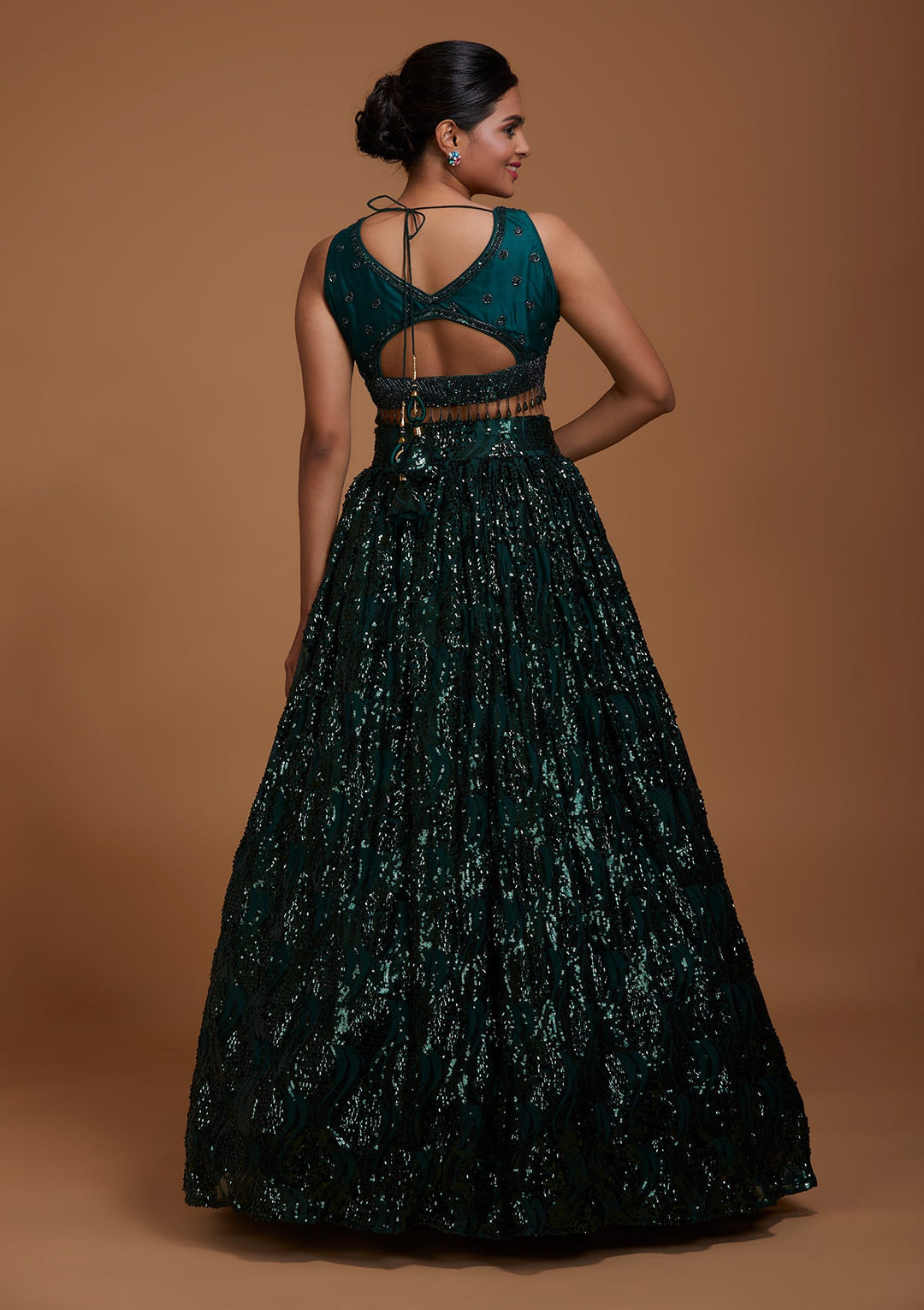 Bottle Green Sequins Net Lehenga-Koskii