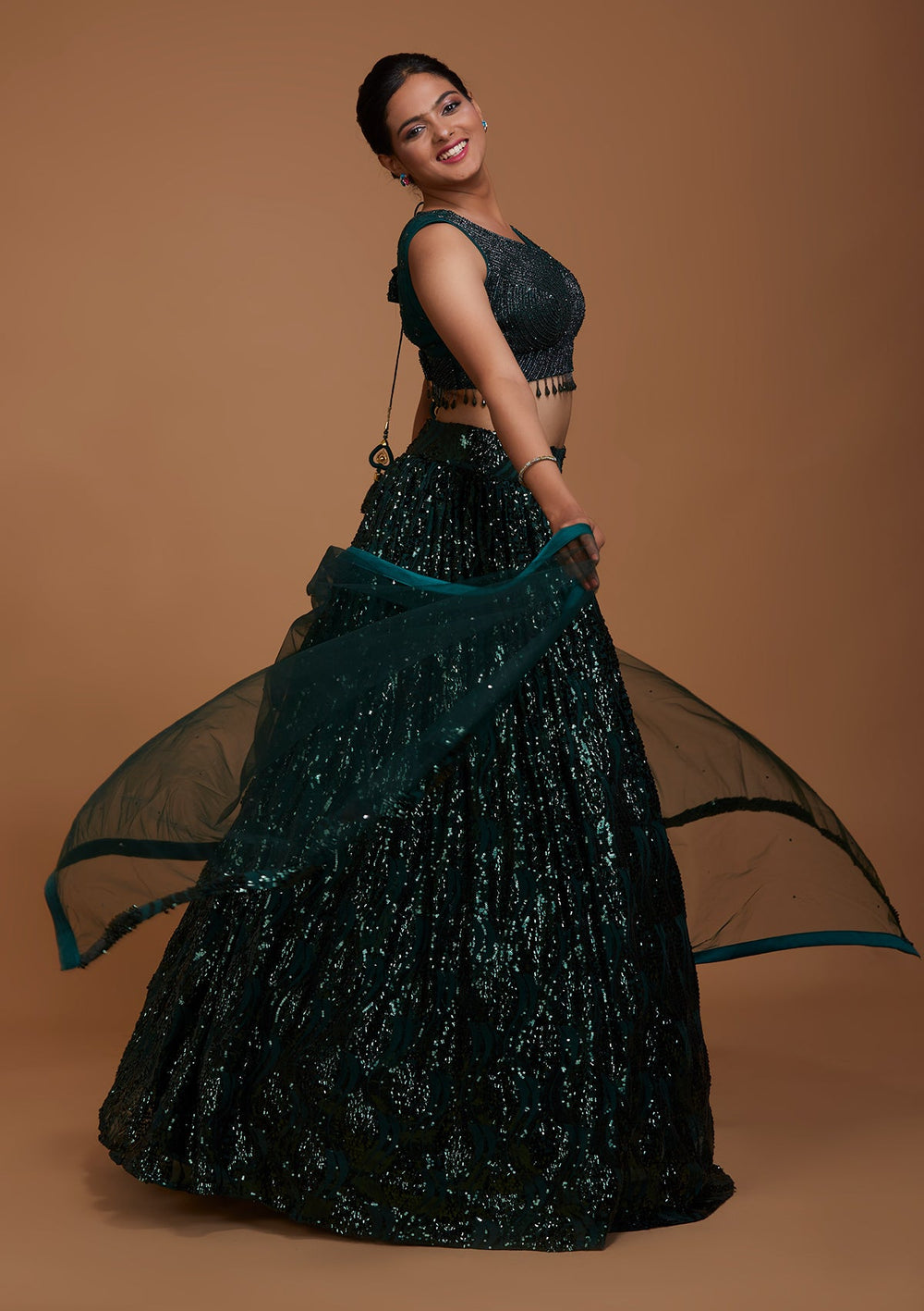 Bottle Green Sequins Net Lehenga-Koskii