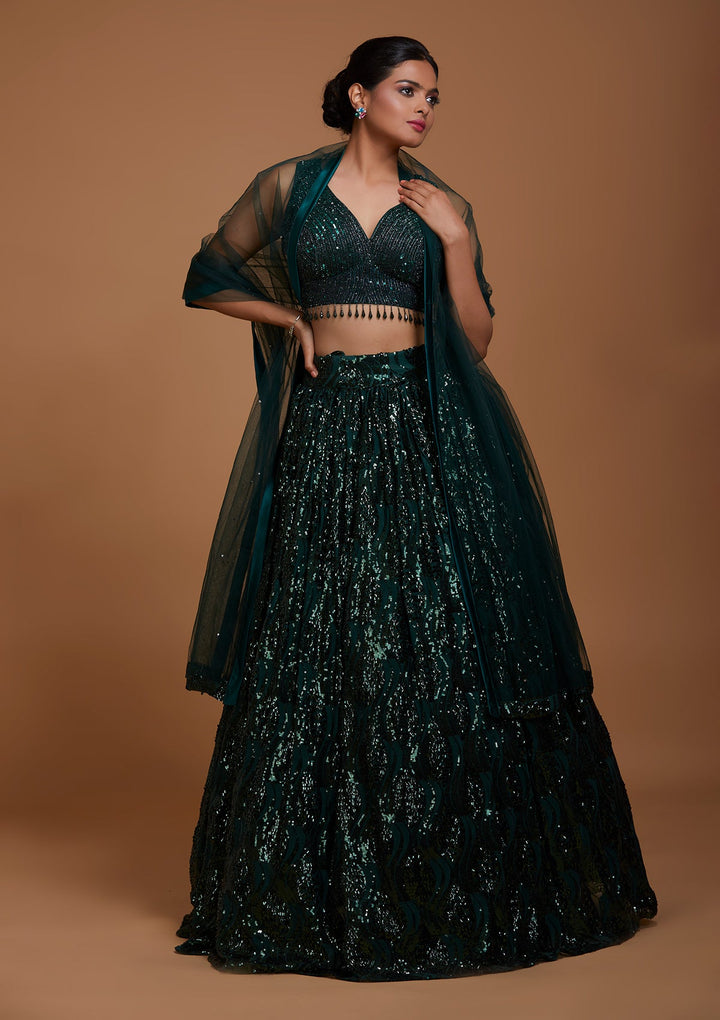 Bottle Green Sequins Net Lehenga-Koskii