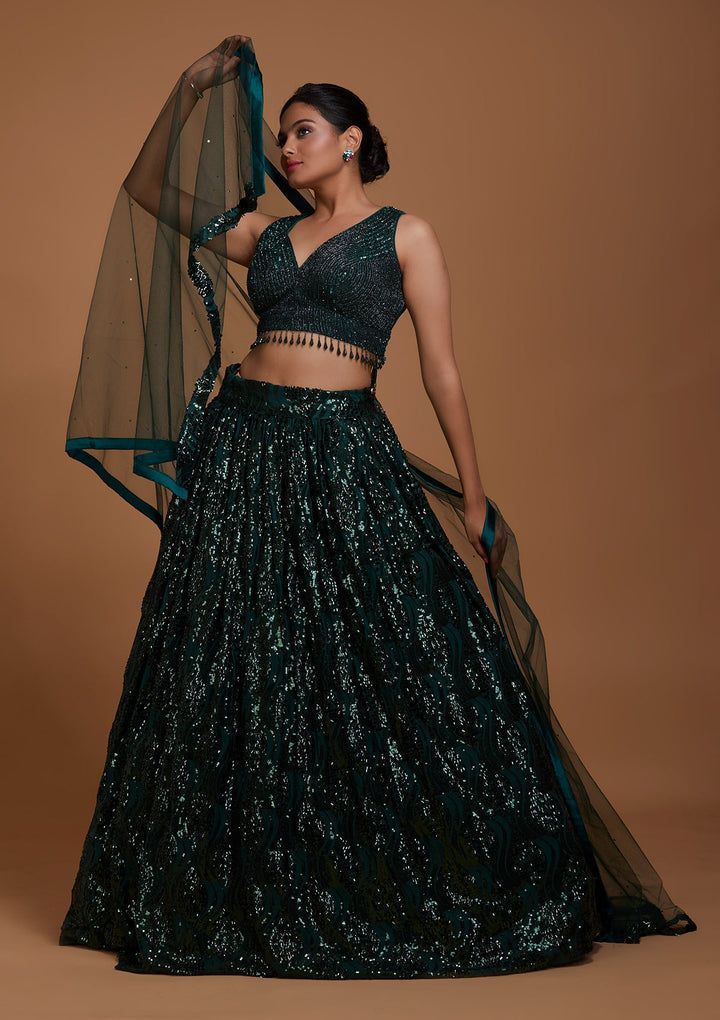 Bottle Green Sequins Net Lehenga-Koskii