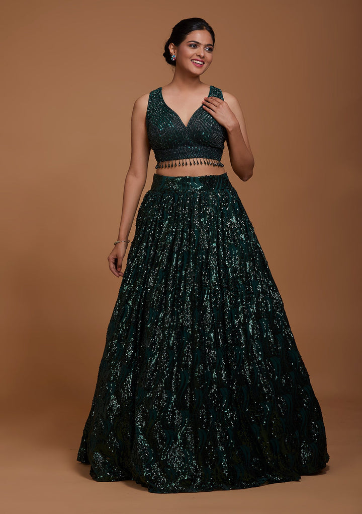 Bottle Green Sequins Net Lehenga-Koskii
