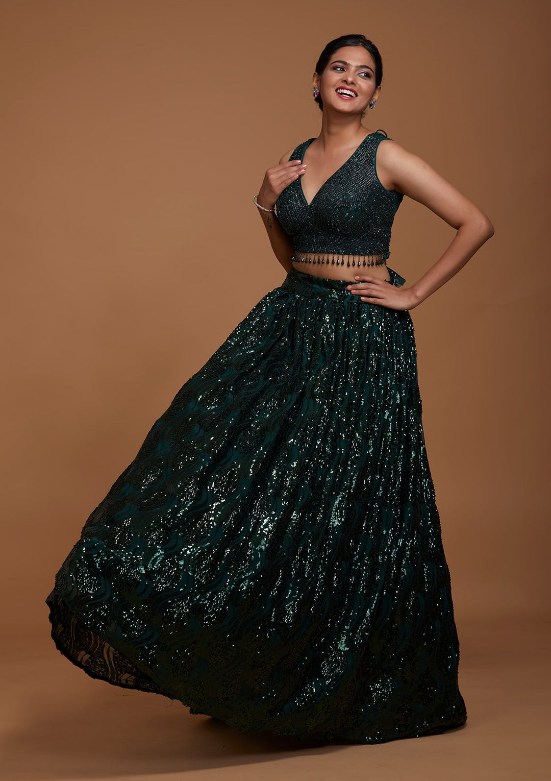 Bottle Green Sequins Net Lehenga-Koskii
