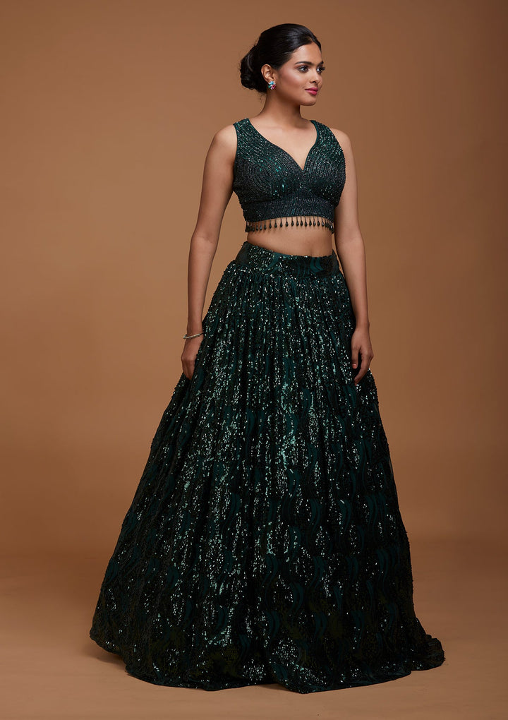 Bottle Green Sequins Net Lehenga-Koskii