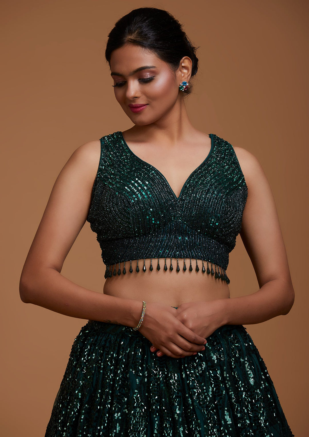 Bottle Green Sequins Net Lehenga-Koskii