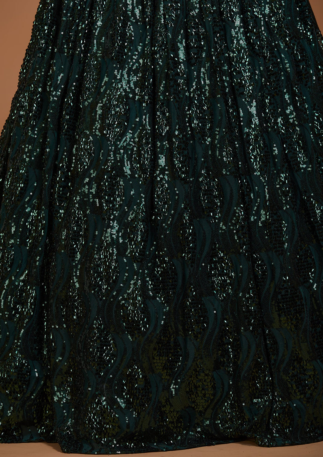 Bottle Green Sequins Net Lehenga-Koskii