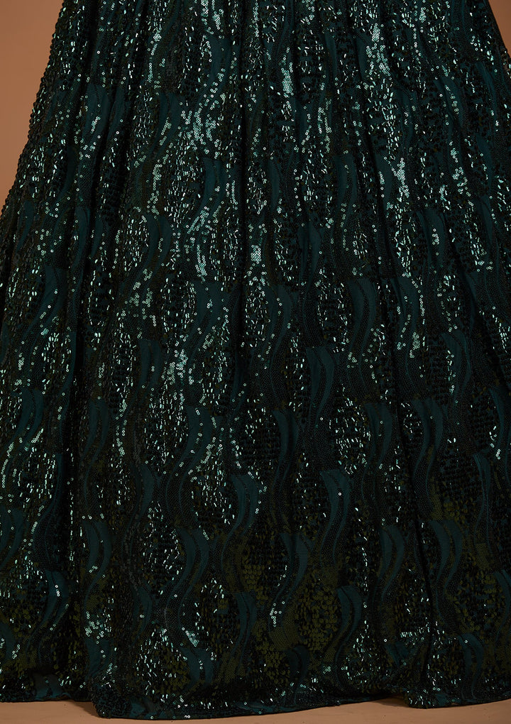 Bottle Green Sequins Net Lehenga-Koskii