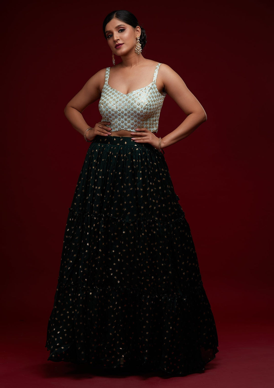 Bottle Green Sequins Semi Crepe Designer Lehenga - Koskii