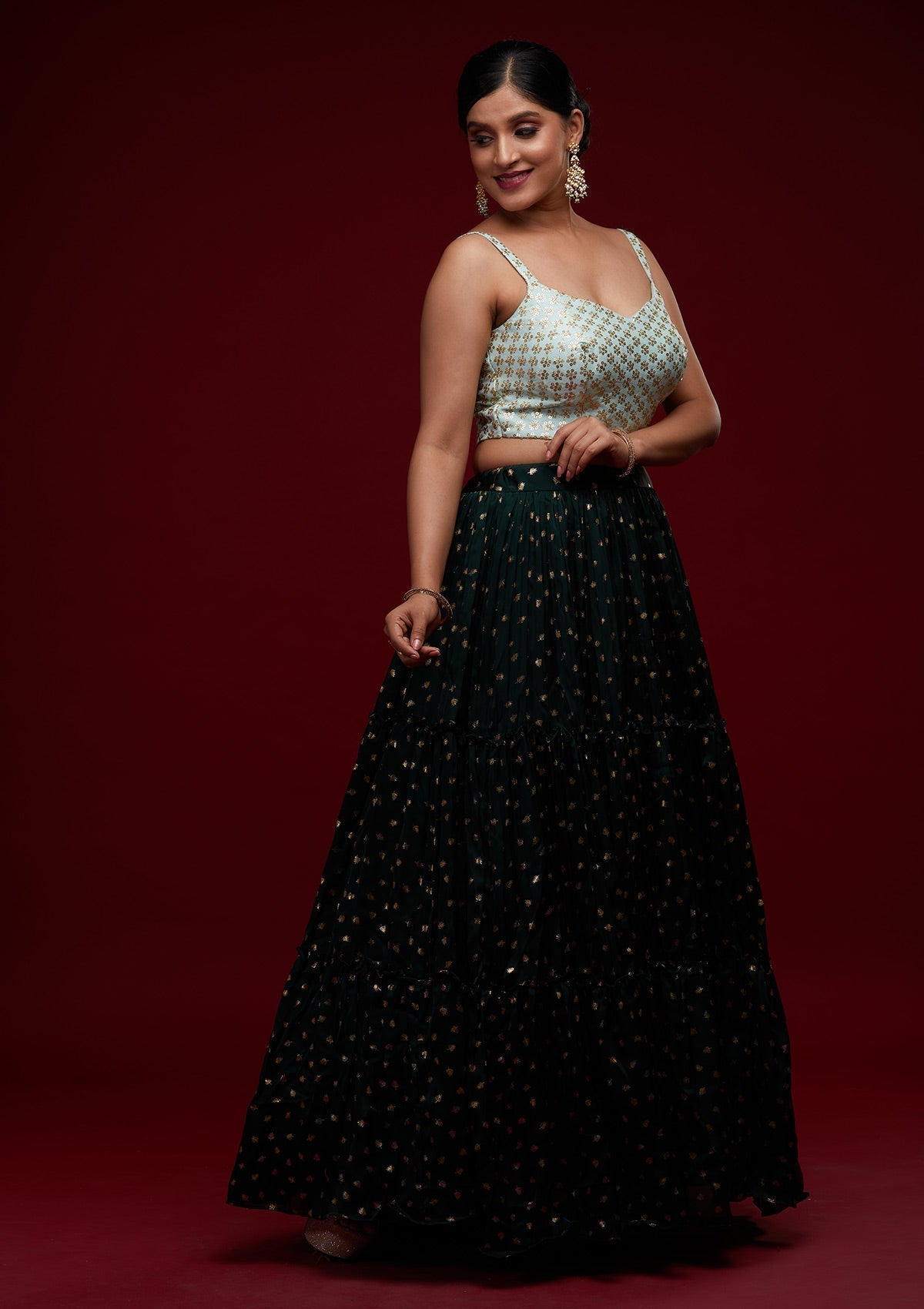 Bottle Green Sequins Semi Crepe Designer Lehenga - Koskii