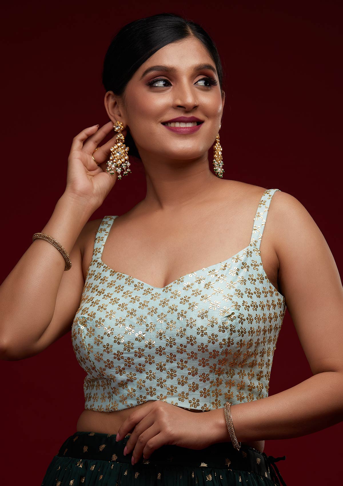 Bottle Green Sequins Semi Crepe Designer Lehenga - Koskii