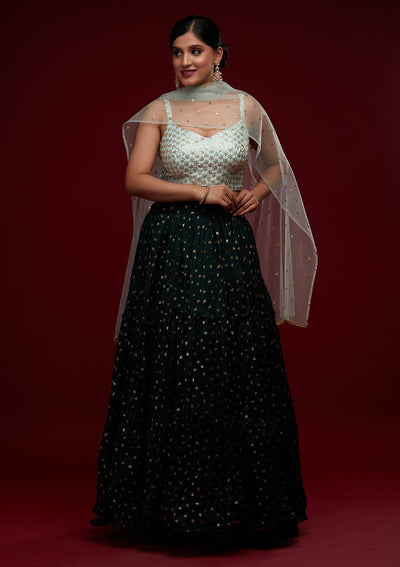 Bottle Green Sequins Semi Crepe Designer Lehenga - Koskii