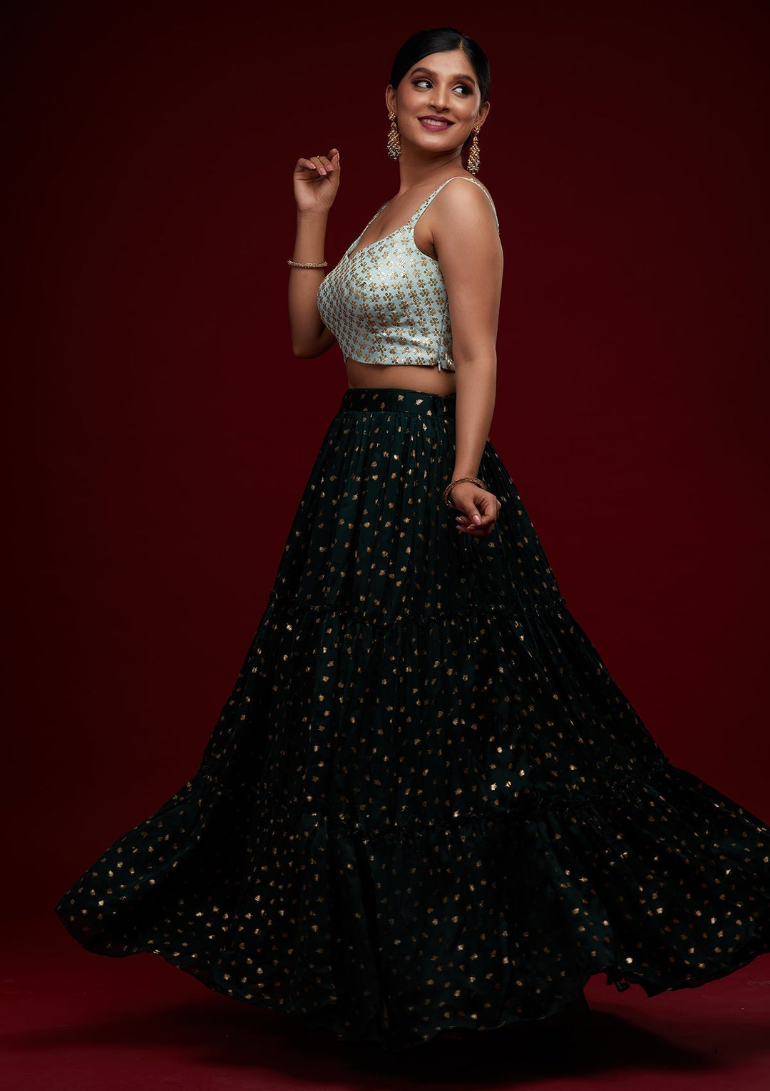Bottle Green Sequins Semi Crepe Designer Lehenga - Koskii