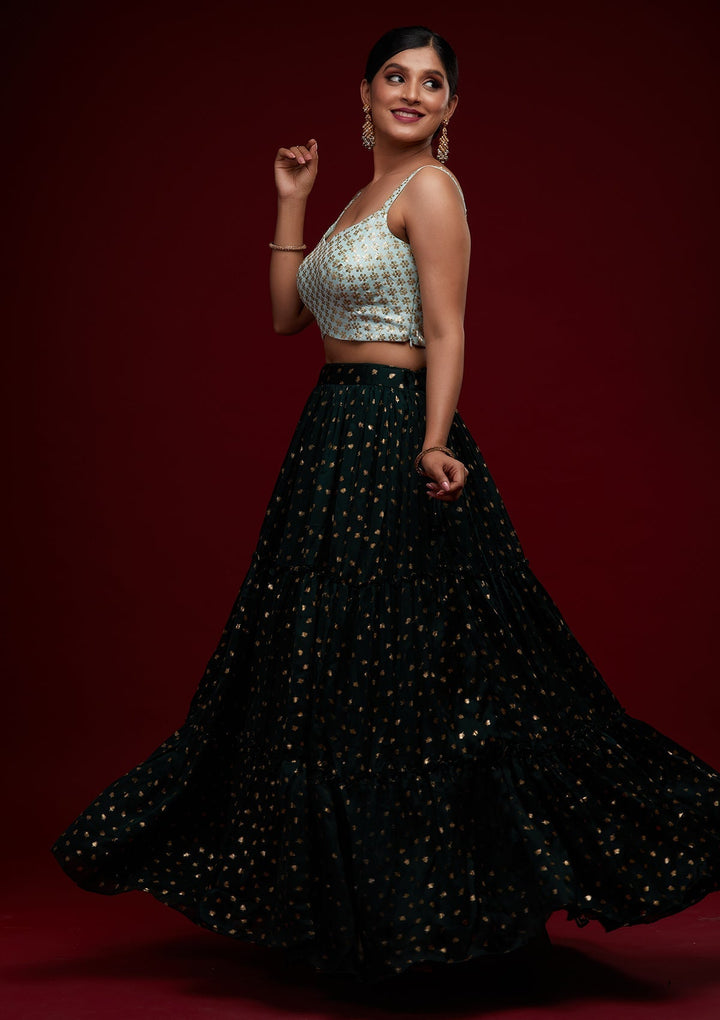 Bottle Green Sequins Semi Crepe Designer Lehenga - Koskii