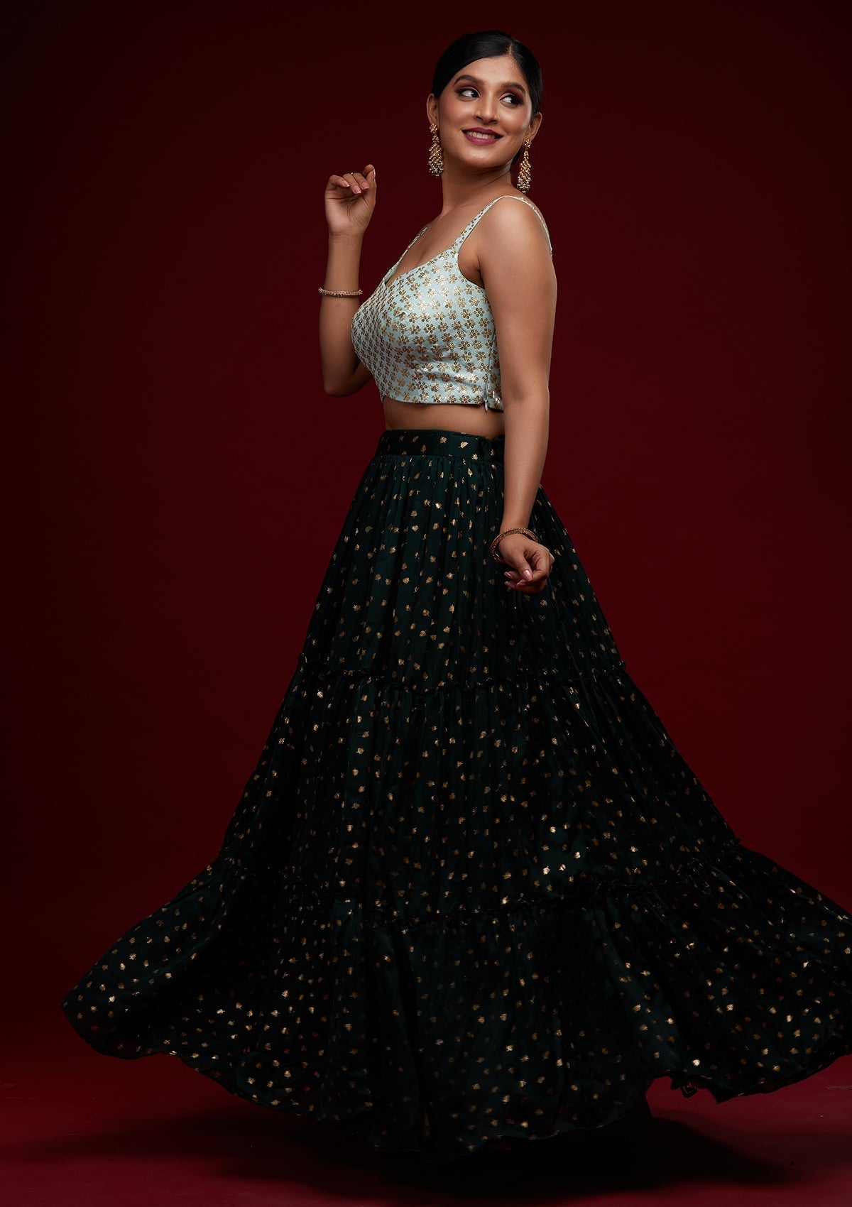 Bottle Green Sequins Semi Crepe Designer Lehenga - Koskii