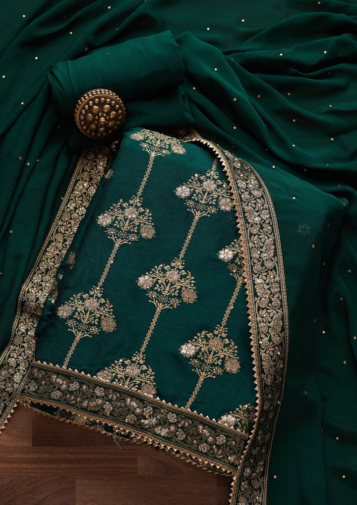 Bottle Green Stonework Chanderi Designer Unstitched Salwar Suit - Koskii