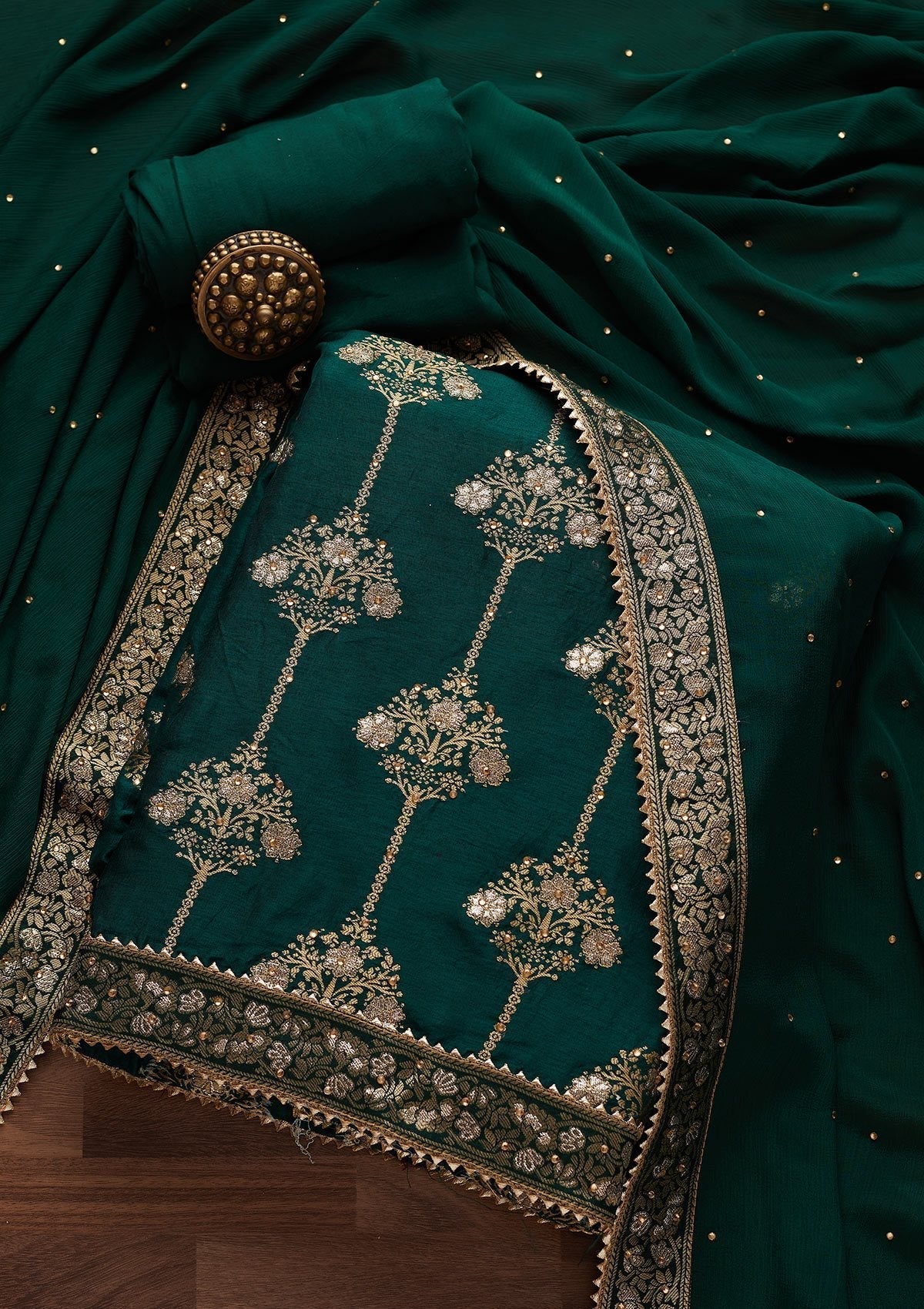 Bottle Green Stonework Chanderi Designer Unstitched Salwar Suit - Koskii