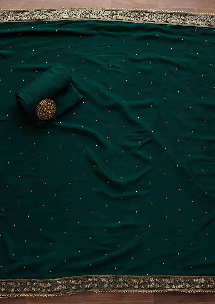 Bottle Green Stonework Chanderi Designer Unstitched Salwar Suit - Koskii