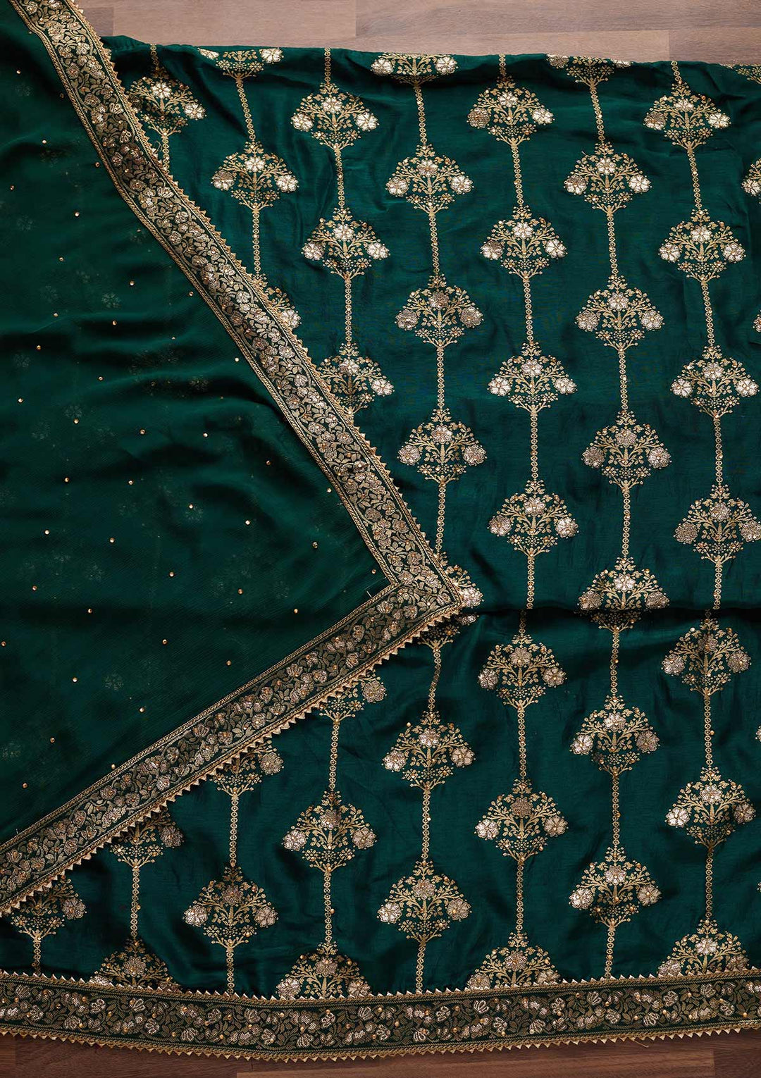 Bottle Green Stonework Chanderi Designer Unstitched Salwar Suit - Koskii