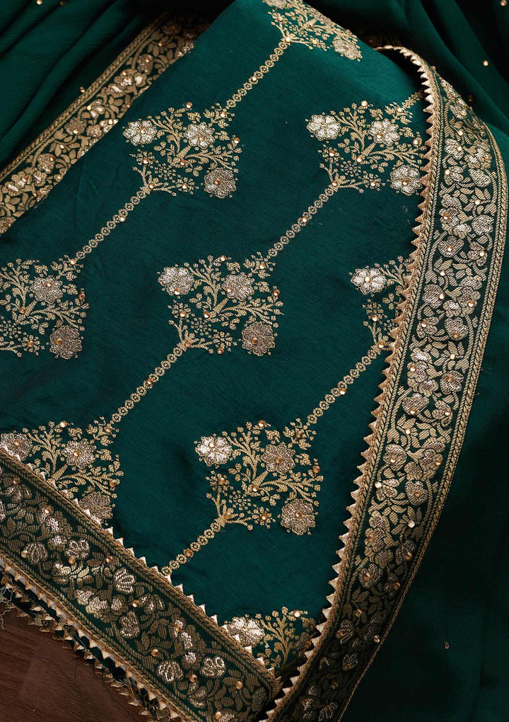 Bottle Green Stonework Chanderi Designer Unstitched Salwar Suit - Koskii