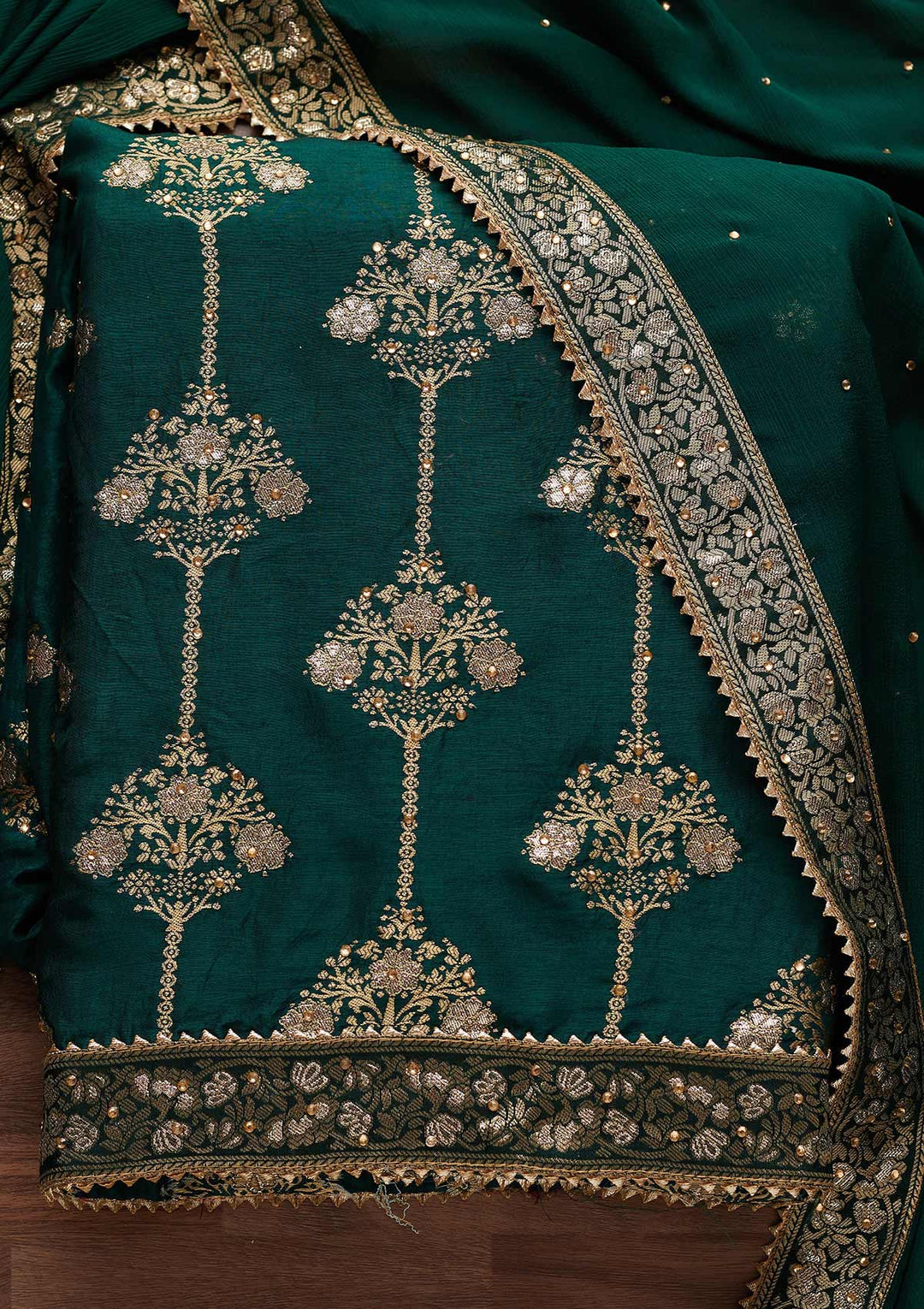 Bottle Green Stonework Chanderi Designer Unstitched Salwar Suit - Koskii