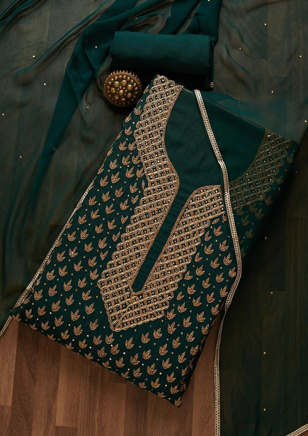 Bottle Green Stonework Georgette Unstitched Salwar Suit-Koskii