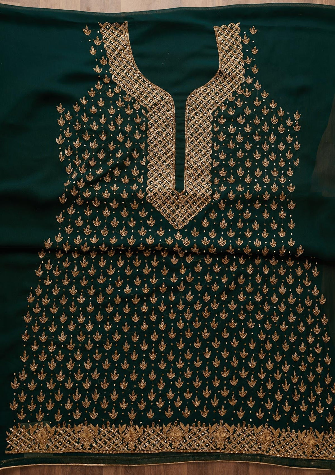Bottle Green Stonework Georgette Unstitched Salwar Suit-Koskii