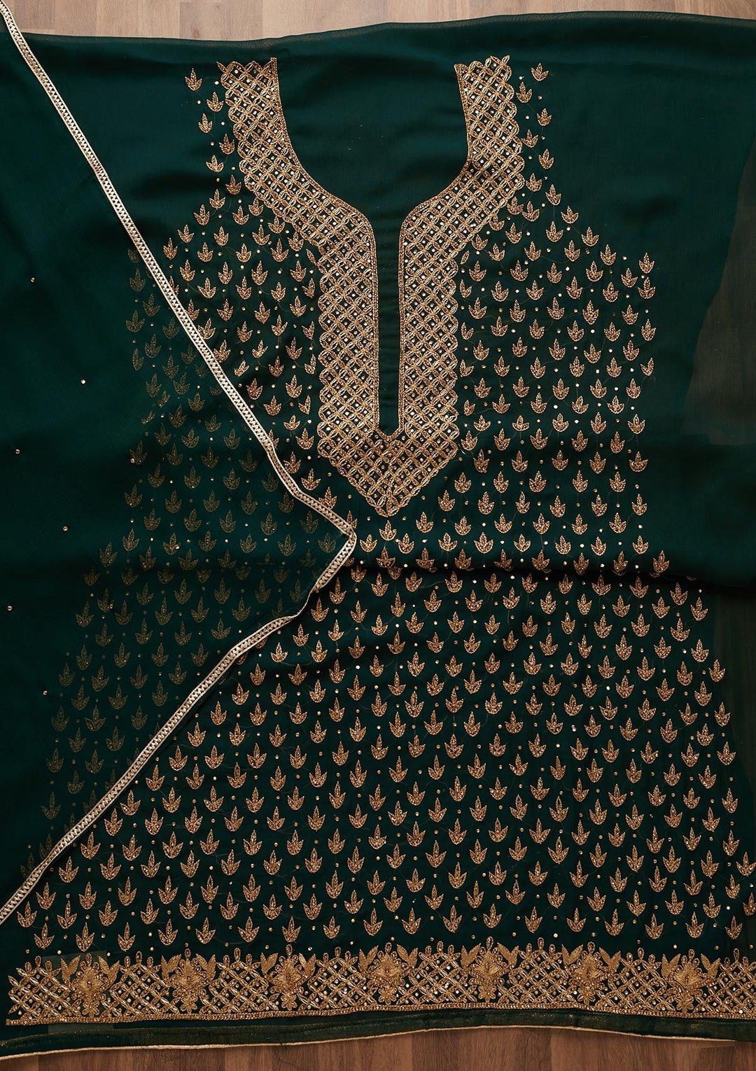 Bottle Green Stonework Georgette Unstitched Salwar Suit-Koskii