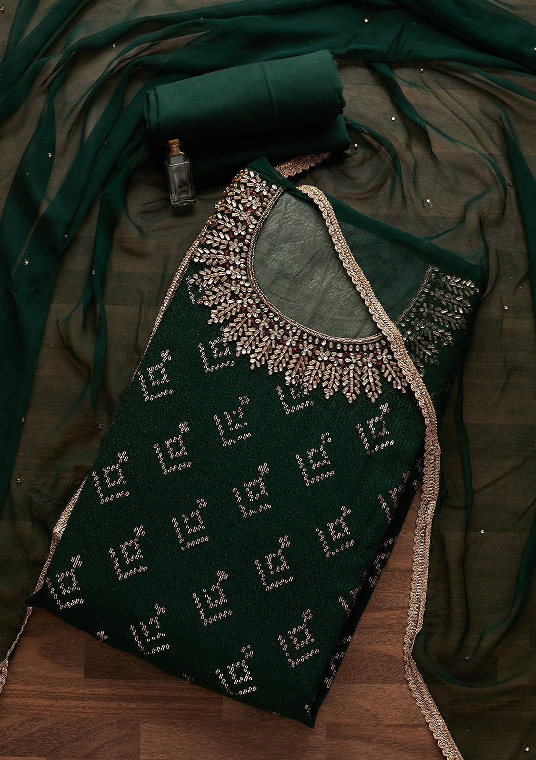 Bottle Green Stonework Georgette Designer Unstitched Salwar Suit - Koskii