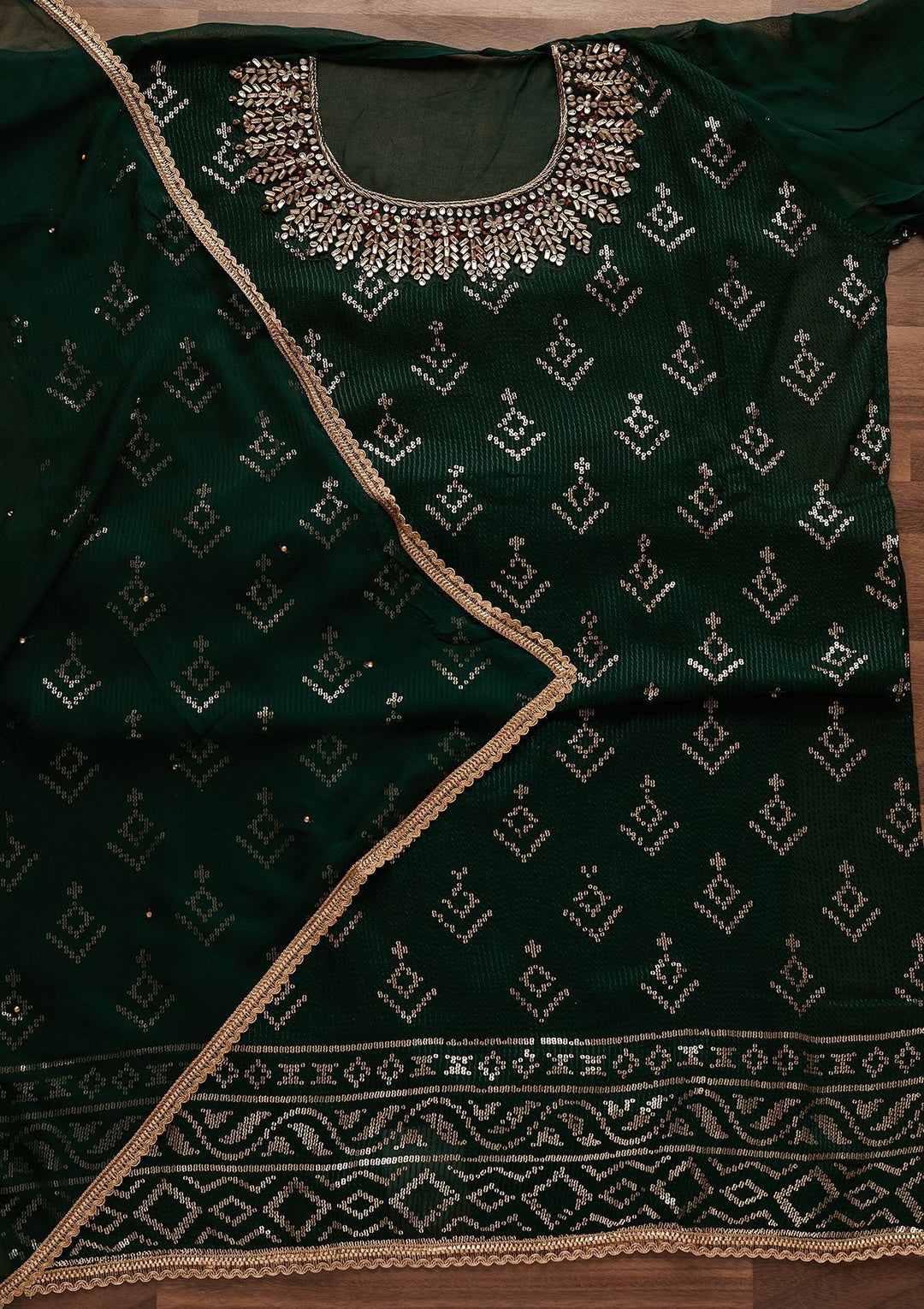Bottle Green Stonework Georgette Designer Unstitched Salwar Suit - Koskii